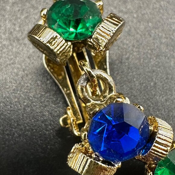 Vintage Clip On Earrings Gold Tone Green Blue Rhinestones Mid Century Jewelry - Picture 5 of 7